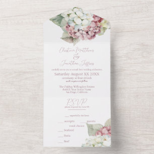 Invitation Tout En Un Fleurs d'hortensia à l'aquarelle rose et blanc