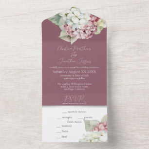 Invitation Tout En Un Fleurs d'hortensia à l'aquarelle rose et blanc sur