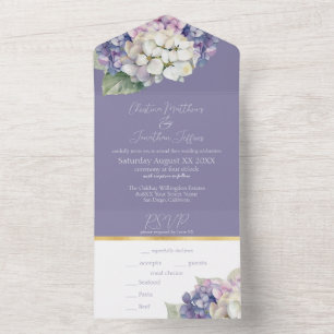 Invitation Tout En Un Fleurs d'hortensia violettes et blanches sur lavan