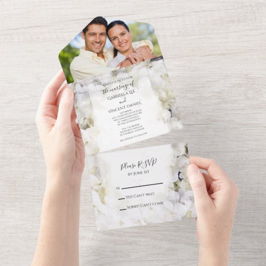 Invitation Tout En Un Fleurs d'hydrangée blanche Mariage d'aquarelle (Déchirure)