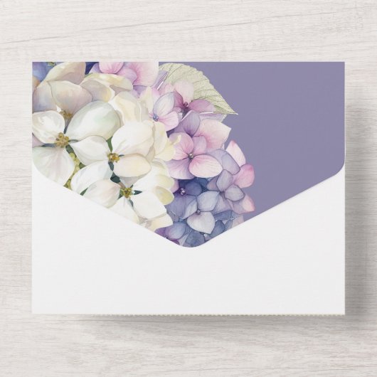 Invitation Tout En Un Fleurs d'hydrangée violette et blanche sur lavande (Verso)