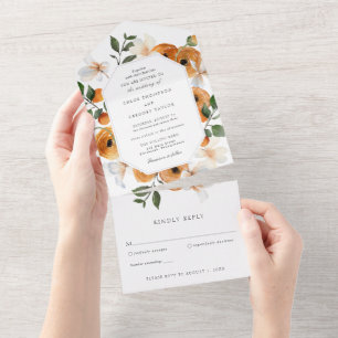 Invitation Tout En Un Fleurs d'Oranger et Feuillage de Mariage Tout en U