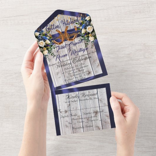 Invitation Tout En Un Fleurs et fer à cheval, Ruban bleu (Déchirure)