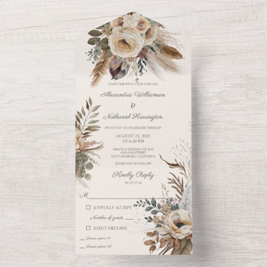 Invitation Tout En Un Fleurs et plumes neutres de Bohême (À l'intérieur)