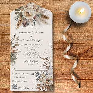 Invitation Tout En Un Fleurs et plumes neutres de Bohême Code QR