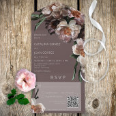 Invitation Tout En Un Fleurs foncées modernes Code QR Brown