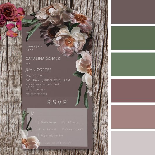 Invitation Tout En Un Fleurs foncées modernes Code QR Brown