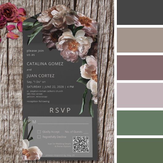 Invitation Tout En Un Fleurs foncées modernes Code QR noir