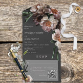 Invitation Tout En Un Fleurs foncées modernes Code QR noir