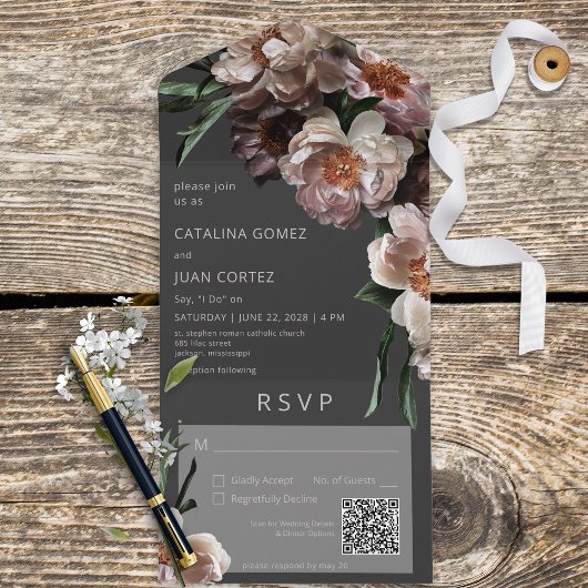 Invitation Tout En Un Fleurs foncées modernes Code QR noir