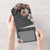 Invitation Tout En Un Fleurs foncées modernes Code QR noir (Déchirure)