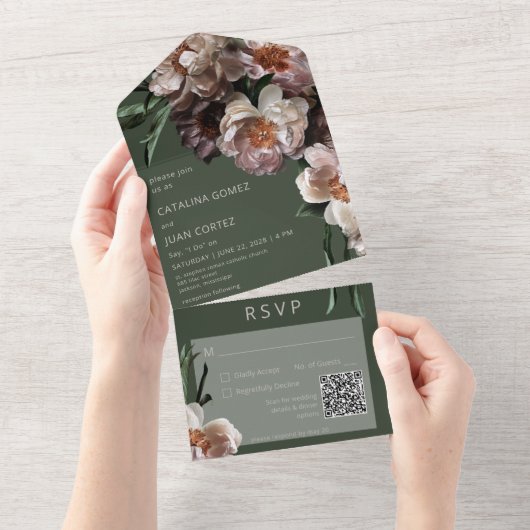 Invitation Tout En Un Fleurs foncées modernes Code QR vert (Déchirure)