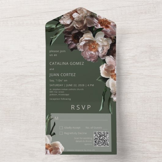 Invitation Tout En Un Fleurs foncées modernes Code QR vert (À l'intérieur)