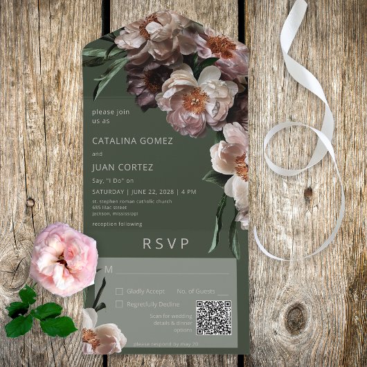 Invitation Tout En Un Fleurs foncées modernes Code QR vert