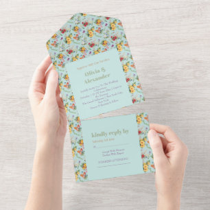 Invitation Tout En Un Fleurs jaunes à l'aquarelle & motif floral design