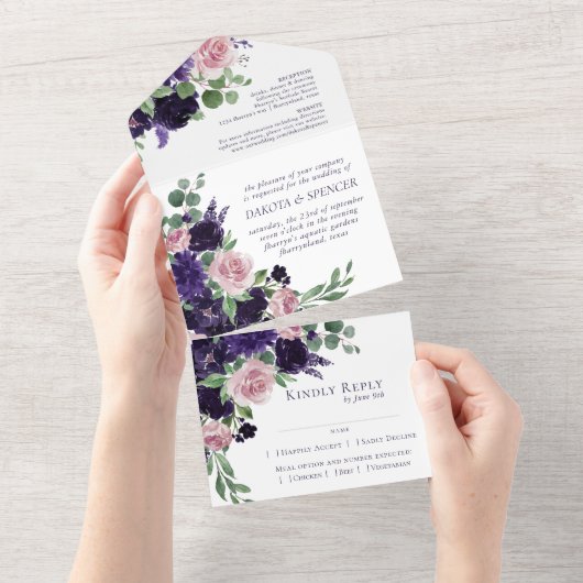 Invitation Tout En Un Fleurs luxuriantes | Entree Mariage rose pourpre (Déchirure)