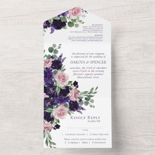 Invitation Tout En Un Fleurs luxuriantes | Entree Mariage rose pourpre (À l'intérieur)