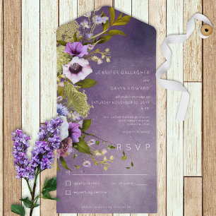 Invitation Tout En Un Fleurs modernes vert sauge et violet foncé Sans dî
