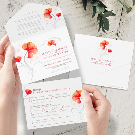 Invitation Tout En Un Fleurs orange tourbillon gris aquarelle tout en un