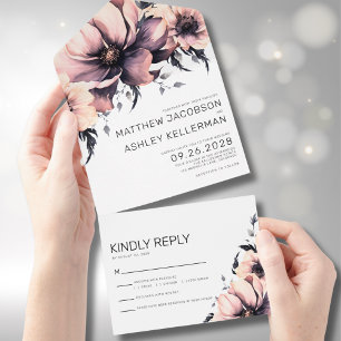 Invitation Tout En Un Fleurs rose poudré élégantes