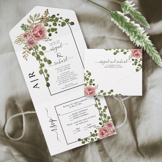 Invitation Tout En Un Fleurs roses, arches et mariage monogramme rose po
