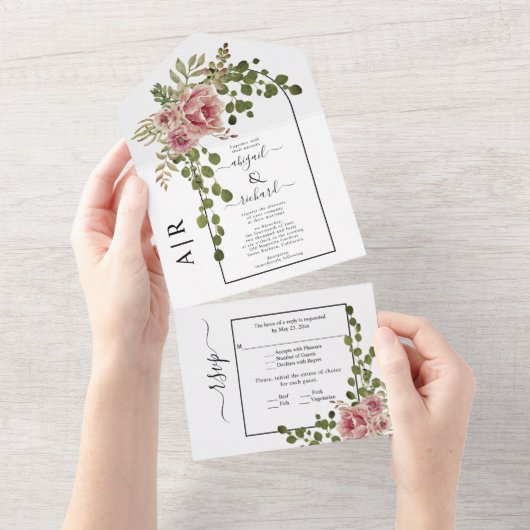 Invitation Tout En Un Fleurs roses, arches et mariage monogramme rose po (Déchirure)