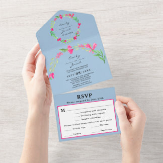 Invitation Tout En Un Fleurs roses de verdure Bleu clair Élégant Mariage