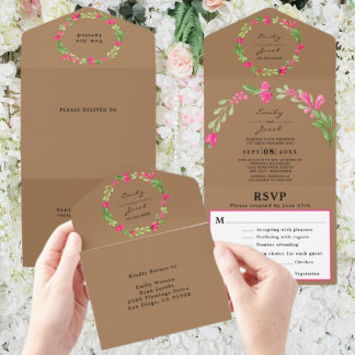 Invitation Tout En Un Fleurs roses de verdure Mariage chic marron clair