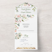 Invitation Tout En Un Fleurs roses et blanches avec accents dorés | (À l'intérieur)