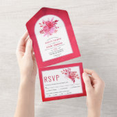 Invitation Tout En Un Fleurs roses et rouges et mariage d'arche (Déchirure)