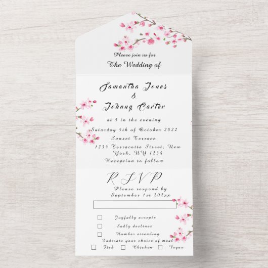 Invitation Tout En Un Fleurs roses japonaises en fleurs de cerises rusti (À l'intérieur)