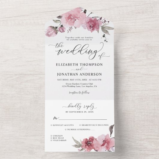 Invitation Tout En Un Fleurs Roses poussiéreuses Blush rose rose rose ma (À l'intérieur)