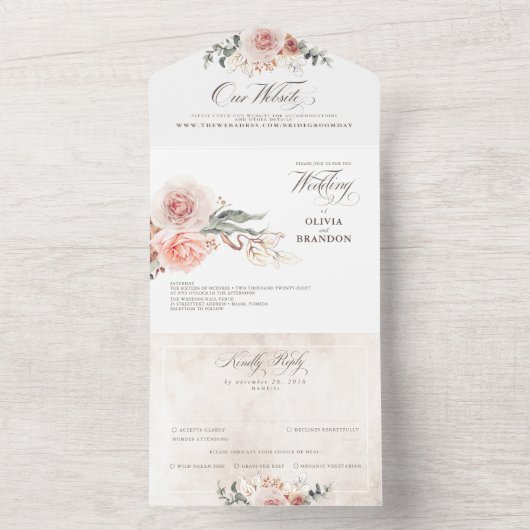 Invitation Tout En Un Fleurs roses Terre Élégant Mariage Boho (À l'intérieur)