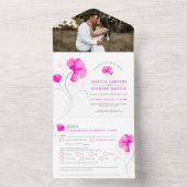 Invitation Tout En Un Fleurs roses tourbillon gris photo de mariage à l' (À l'intérieur)