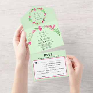 Invitation Tout En Un Fleurs roses verdure vert pâle Chic Mariage RSVP