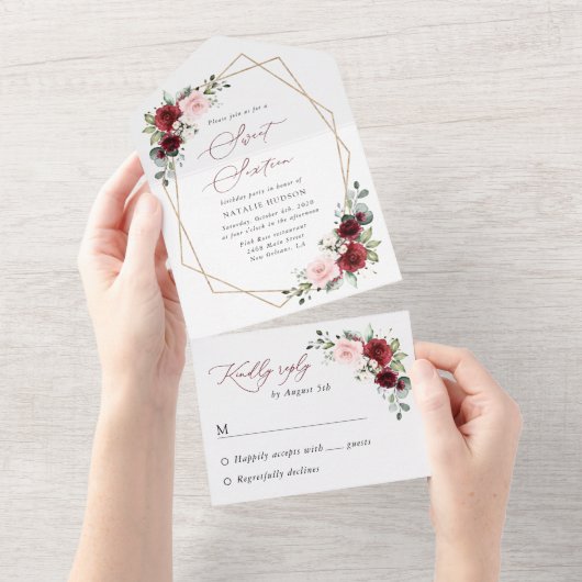 Invitation Tout En Un Fleurs Rouges Bourgogne, Fleurs Roses, Douces 16 (Déchirure)