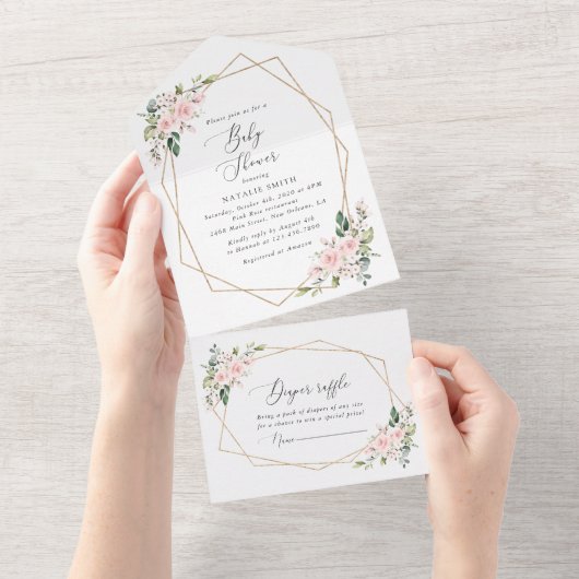 Invitation Tout En Un Fleurs Rouges, Fleurs Roses, Boho, Baby shower (Déchirure)