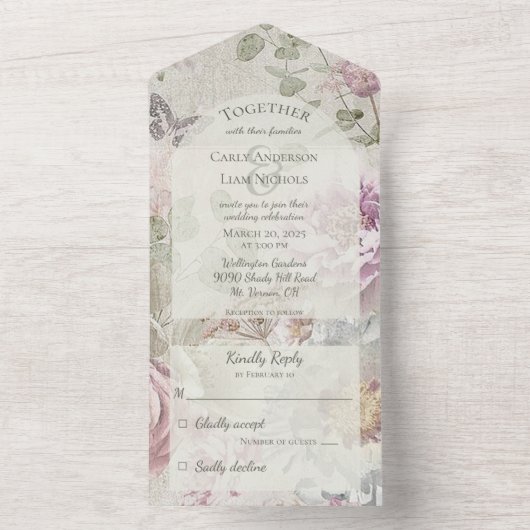 Invitation Tout En Un Fleurs sauvages anciennes avec papillon (À l'intérieur)