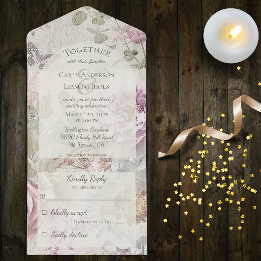 Invitation Tout En Un Fleurs sauvages anciennes avec papillon