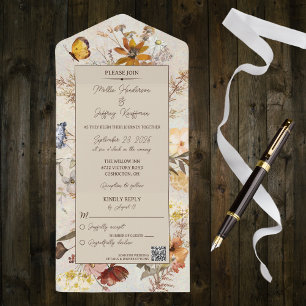 Invitation Tout En Un Fleurs sauvages couleur neutre sur beige avec code