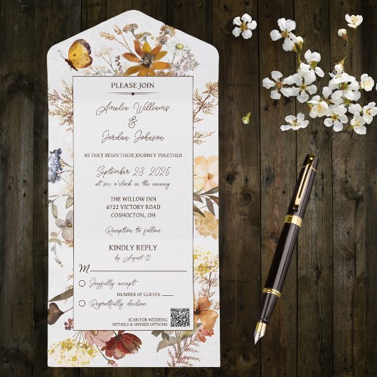 Invitation Tout En Un Fleurs sauvages couleur neutres en blanc avec code