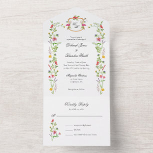 Invitation Tout En Un Fleurs sauvages en aquarelle Monogramme