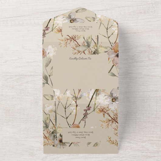 Invitation Tout En Un Fleurs sauvages en beige avec code QR (Dehors)