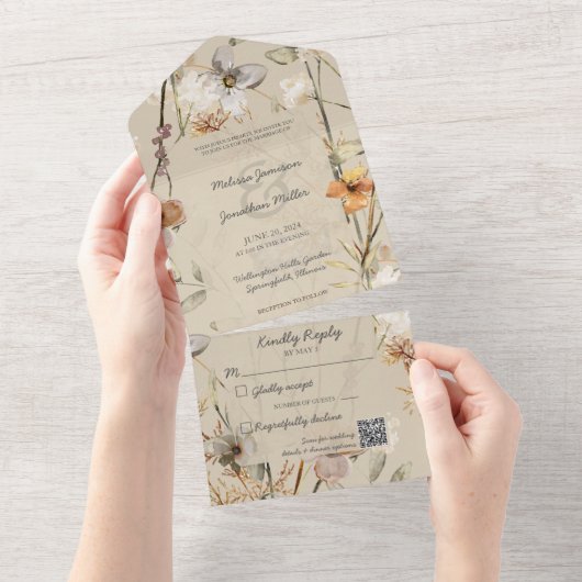 Invitation Tout En Un Fleurs sauvages en beige avec code QR (Déchirure)