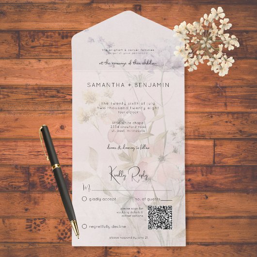 Invitation Tout En Un Fleurs sauvages rustiques en boue sur le code QR r