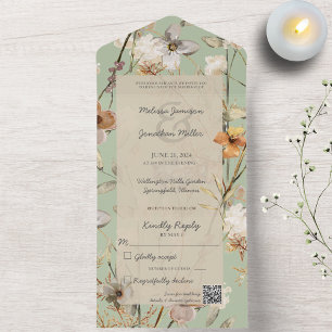 Invitation Tout En Un Fleurs sauvages sur Sage Green avec code QR