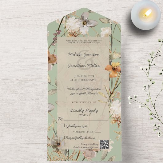 Invitation Tout En Un Fleurs sauvages sur Sage Green avec code QR