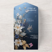 Invitation Tout En Un Fleurs soies blanches et bleu clair sur bleu foncé (Dehors)