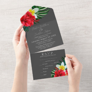 Invitation Tout En Un Fleurs tropicales hawaïennes sur un gris élégant