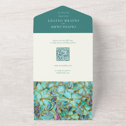 Invitation Tout En Un Fleurs turquoises Photo Mariage Tout en un Invitat (Dehors)